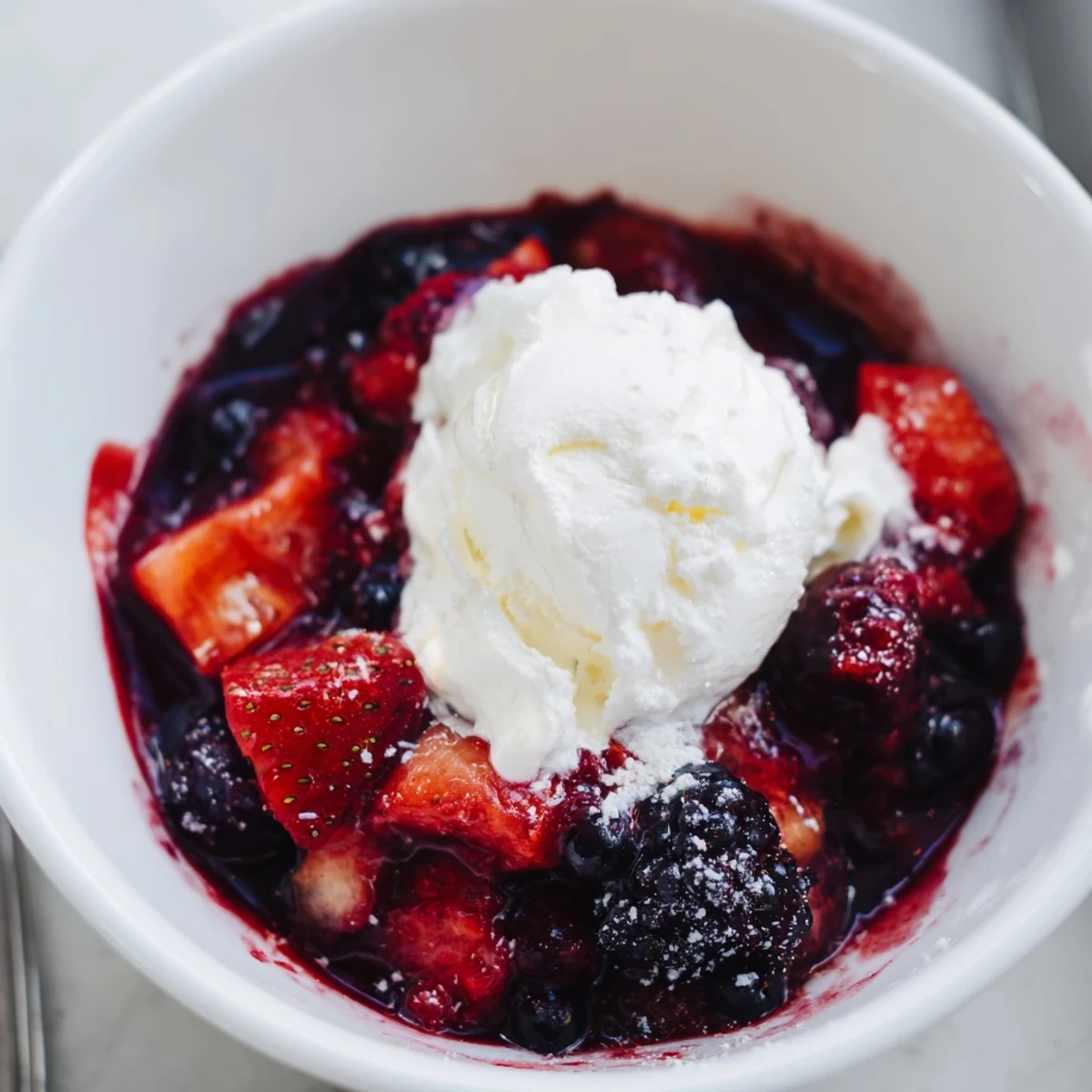 Süß-säuerliche Beercompote mit fluffiger Sahne als köstlicher Nachtisch serviert.  