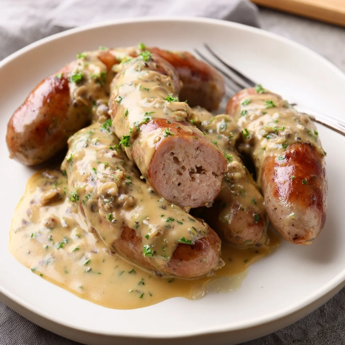 Zarte Bratwürste in einer reichhaltigen Senfsauce, ideal für ein herzhaftes Abendessen.