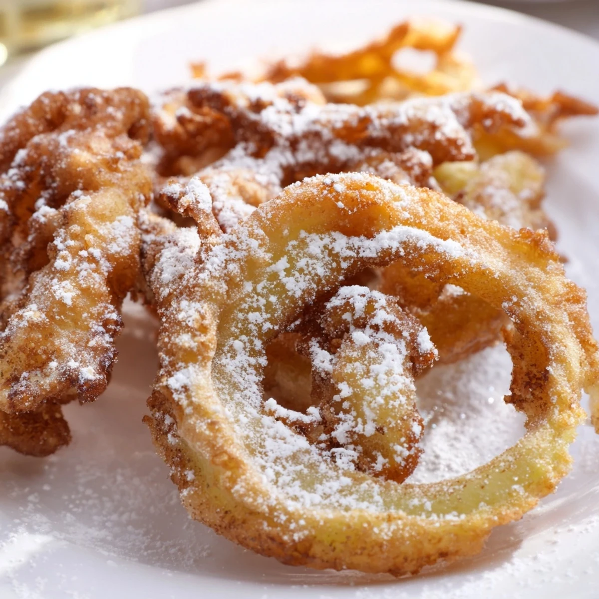 Zarte Apfelringe in leichtem Teig, goldbraun frittiert und mit Zimt-Zucker bestreut.  