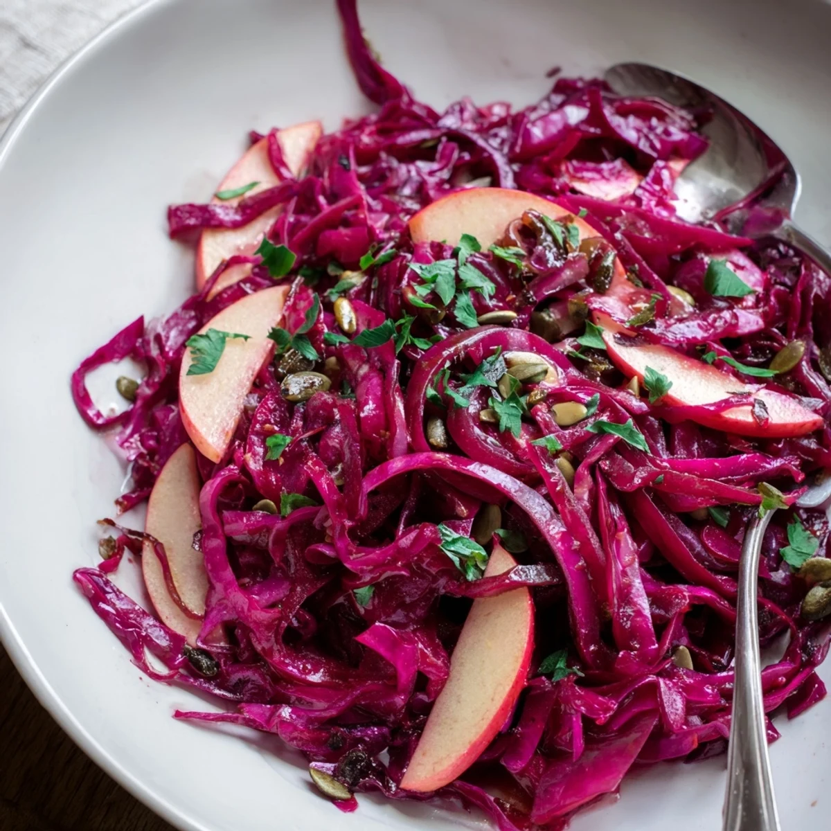 Diese leuchtende Rotkohl- und Apfelpfanne ist ideal als farbenfrohe Beilage für jedes Gericht.  