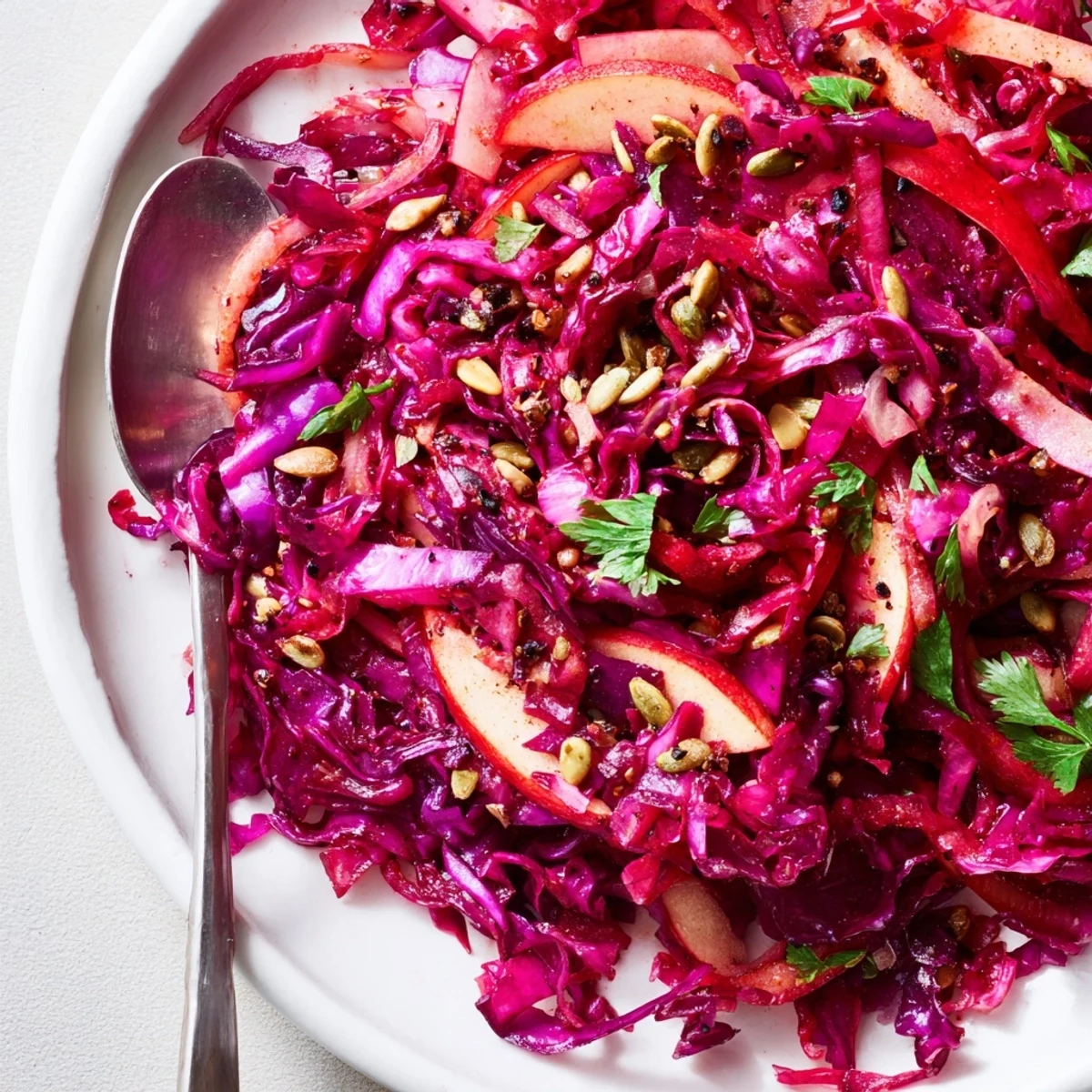 Aromatische Rotkohl- und Apfelpfanne, die warm serviert mit Nüssen oder frischen Kräutern bestreut wird.