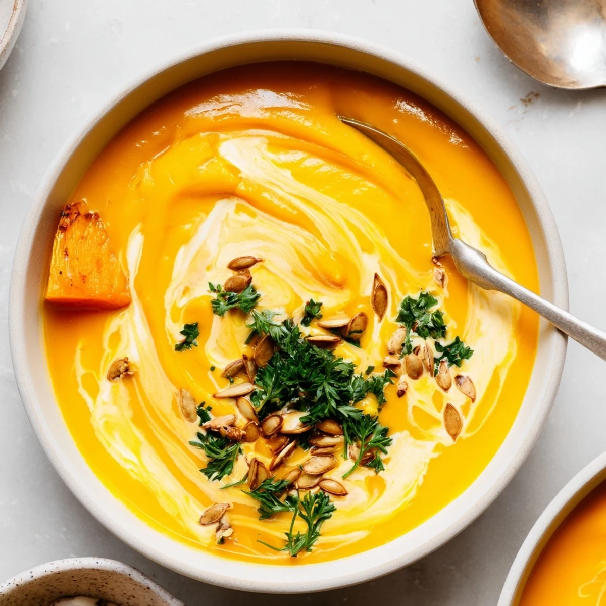 Warme, cremige Kürbissuppe, verfeinert mit Kokosmilch und gerösteten Kürbiskernen, genießen.