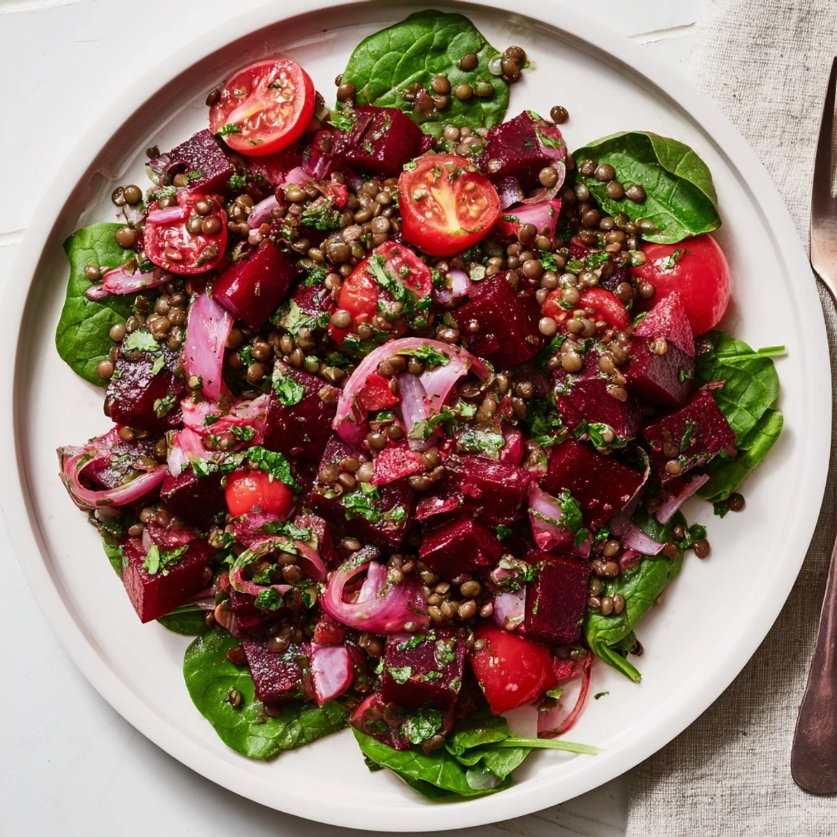Bunte Rote-Bete-und-Linsen-Salat-Servierung, frisch und herzhaft mit Kräutern.  