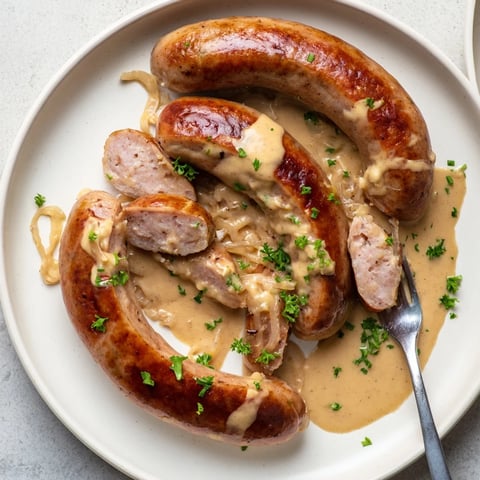 Saftige Bratwurst mit einer würzigen, cremigen Senfsauce auf einem Teller.