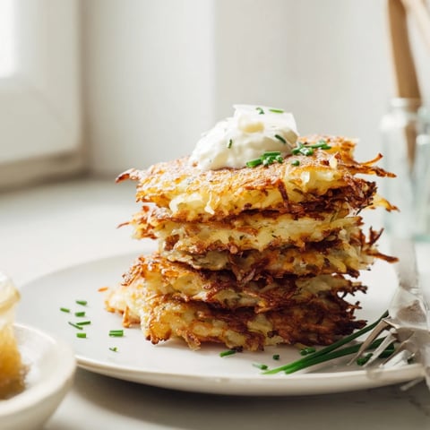 Knusprige deutsche Kartoffelpuffer, außen goldbraun und innen zart, serviert mit Apfelmus.  