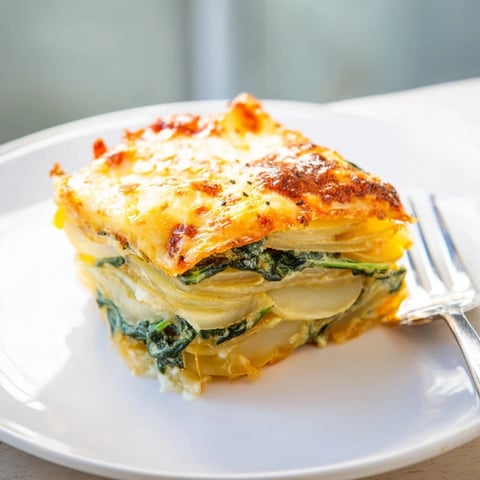 Zärtliches Spinach and Potato Kastelruther, gebacken mit geschmolzenem Käse und Gewürzen.